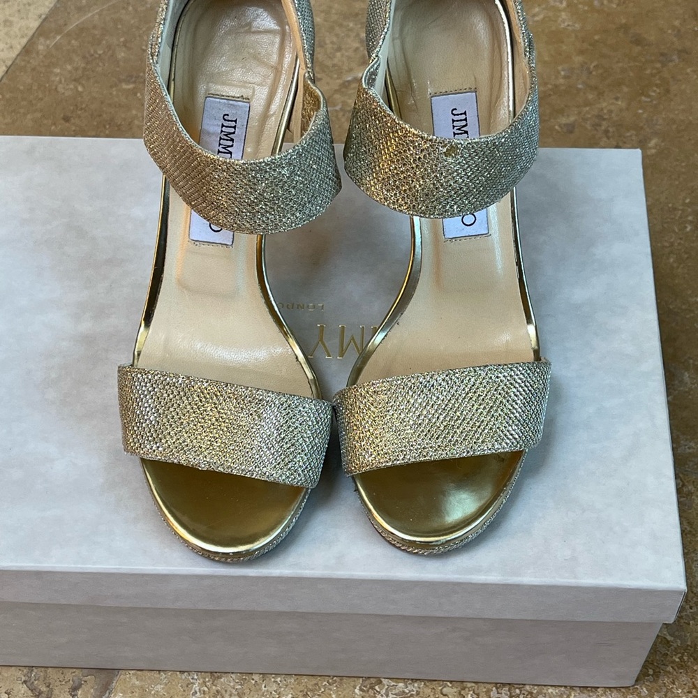 Jimmy Choo Gold Heels with Ankle Strap and Open Toe